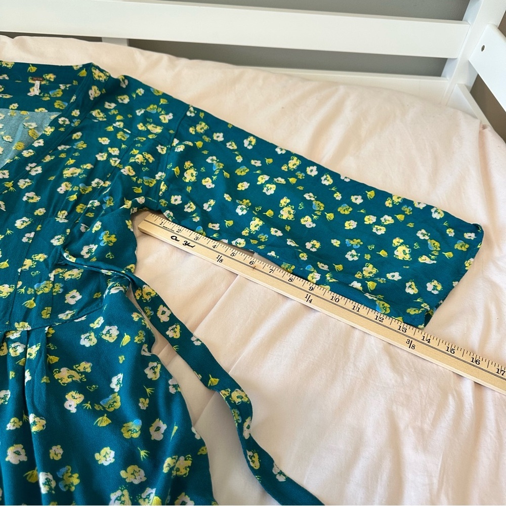 Free People Floral Long Sleeve Romper Teal Tie Waist Boho Size 6 - Picture 7 of 11